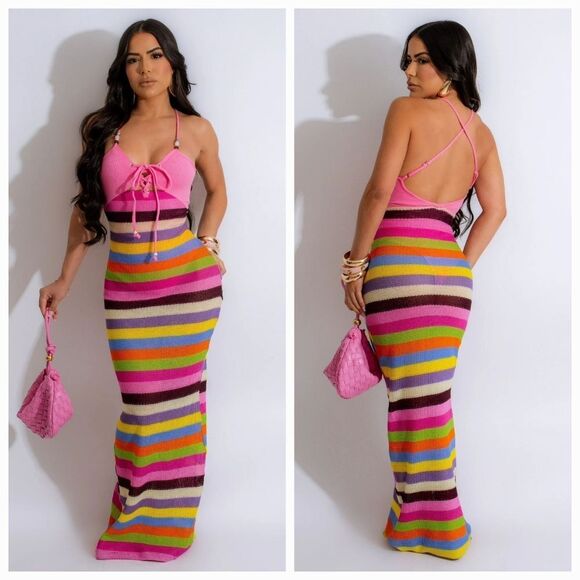 Pink Crochet Maxi Dress - Picture 1 of 3